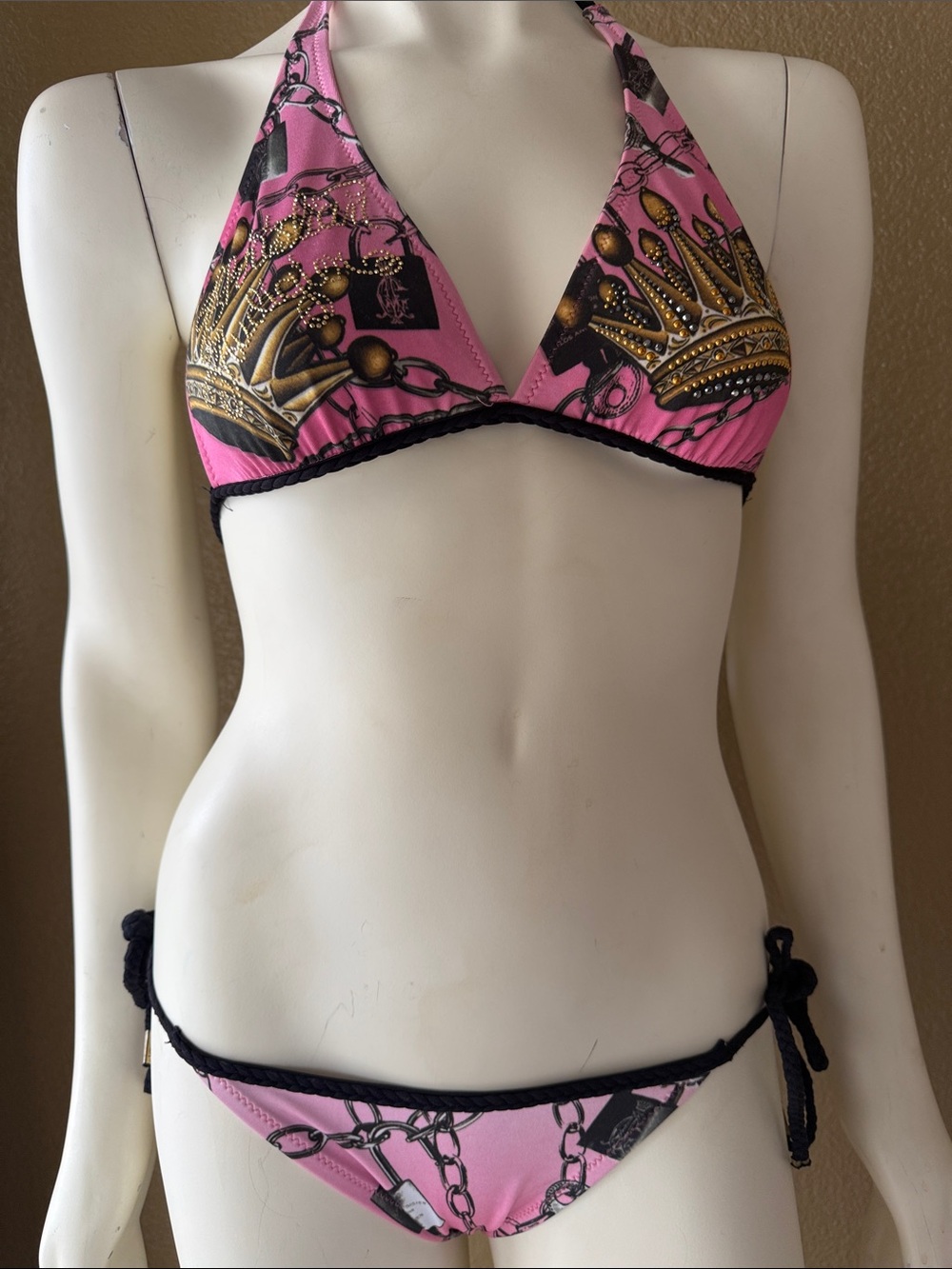 Christian Audigier Pink and Gold Crown Print Triangle Bikini